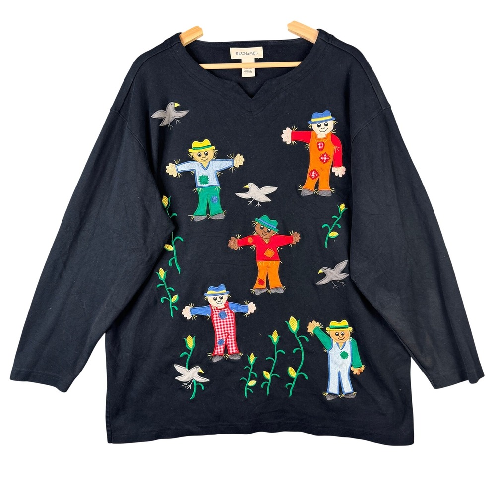 Bechamel Womens XL Black Cotton Scarecrow Embroidered Fall Harvest V-Neck Top